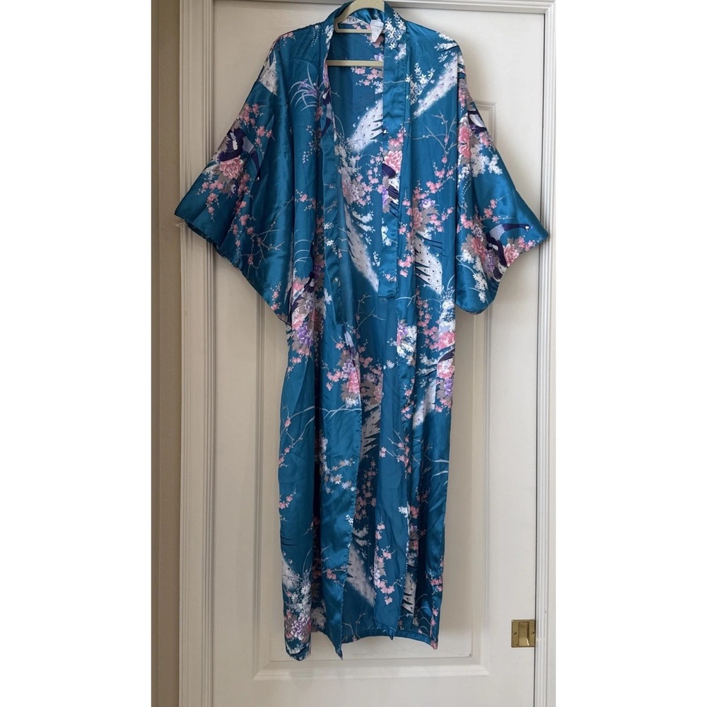 VTG Juguemm Japanese Saten Kimono Teal Floral Birds O/S Robe Art Boho Hippie - Picture 5 of 6